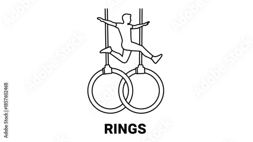 A minimalist line drawing depicting a gymnast performing on suspended gymnastics rings