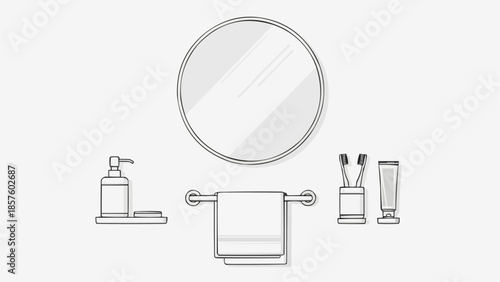 Bathroom accessories including mirror soap dispenser and toothbrush holder.