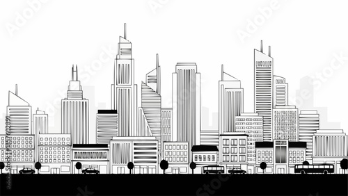 Black and white sketch of a modern city skyline with skyscrapers and vehicles.