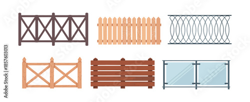 Set of Wood Balcony Railing Designs, Vintage and Modern Home Facade with Wooden, Glass and Stone Balustrade, Terrace Fence and Private Entrance Architecture