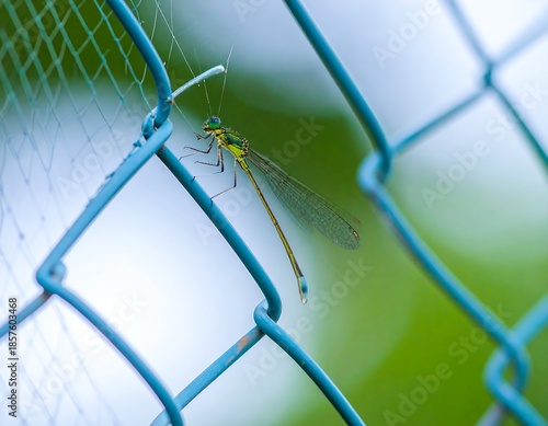 A dragonfly rests on a chain link fence