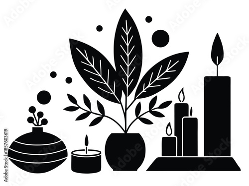 Serene black and white spa illustration with candles and plants