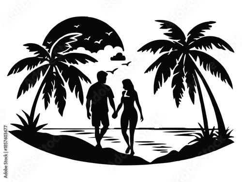 Couple walking hand in hand on a tropical beach at sunset
