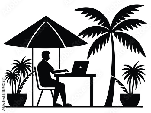 Man working on laptop under palm tree