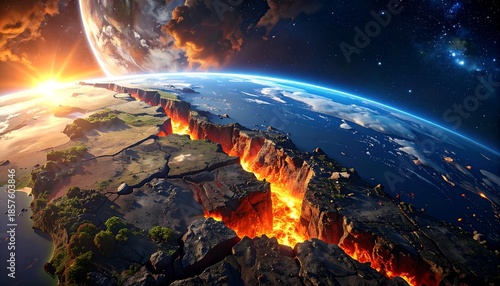 A dramatic depiction shows a fractured planet with molten core exposed, illuminated by a rising sun against a starry cosmos