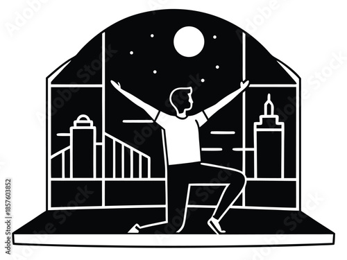 Man standing on one leg with arms outstretched under night sky