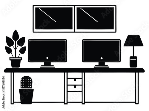 Modern office workspace with dual monitors and decorative plants