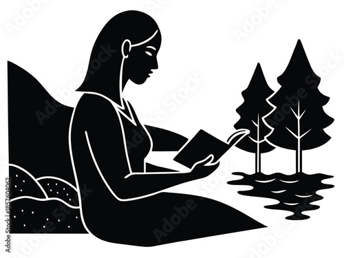Woman reading book in peaceful nature setting
