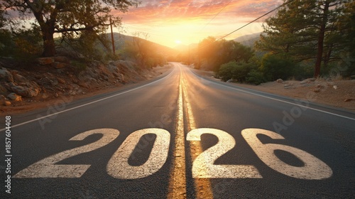 Scenic Road with '2026' Marking at Sunset: Ideal for Travel, Adventure, and New Year Themes