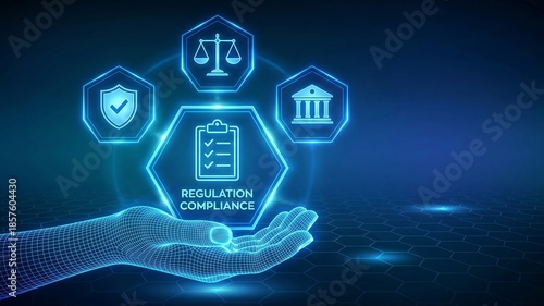 Regulation Compliance financial control internet technology concept on virtual screen. Compliance rules icon in wireframe hand. Reg Tech. Law regulation policy. Vector ai