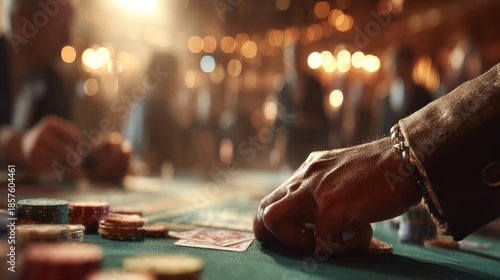 Close up on a hand pushing gambling tokens across a felt table during an intense card game