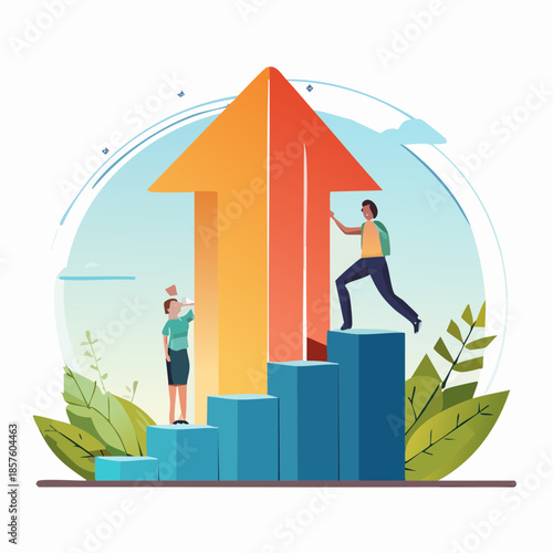 Strategic business growth and team success. An illustration with individuals climbing an upward arrow graph, symbolizing ambition, vision, and collective achievement