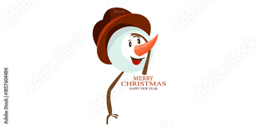 Illustration of a snowman adjusting his carrot nose, wearing a red scarf. Winter character.