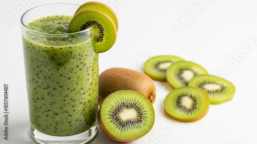 Healthy green kiwi smoothie with slices and whole fruit isolated on white