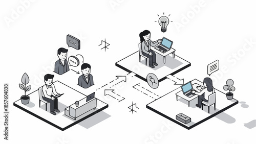 Business meeting and collaboration illustration with people working on laptops.