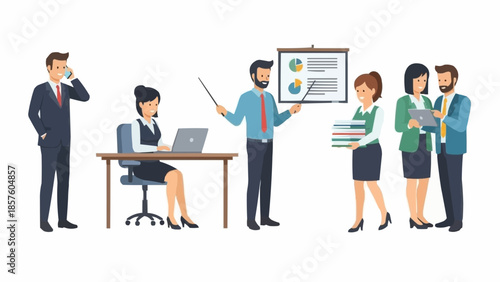 Business meeting and presentation with diverse team members collaborating.