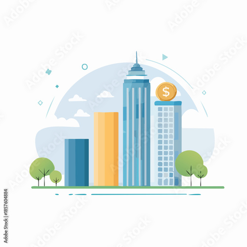 Illustrative vector graphic of a city skyline with tall buildings, trees, and a coin symbolizing financial growth and urban development