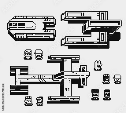 Retro pixel art set with sci fi spaceships, platforms and small characters. Monochrome 8bit game assets showing futuristic structures, vehicles and sprites for arcade.