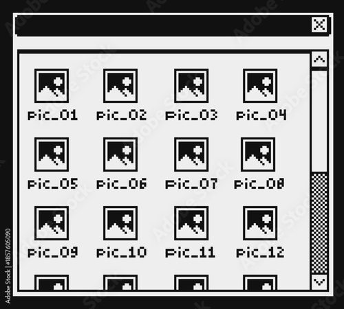 File browser window with image thumbnails, pixel art interface, retro 8bit style UI design. Computer screen layout with folders and preview icons for games, apps and digital interfaces.
