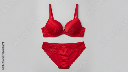 Red lace push-up bra and matching satin panties set displayed on a plain background.