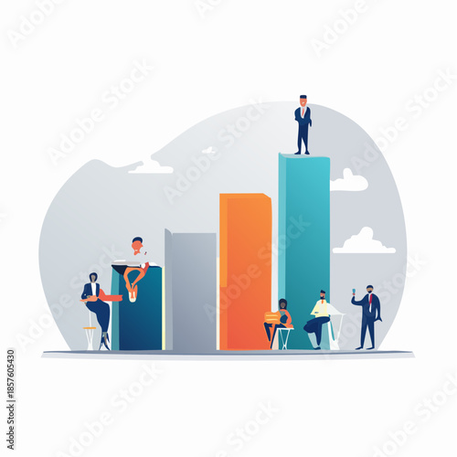 Business professionals collaborate and strategize around a bar chart, symbolizing data-driven growth, collective success, and effective leadership