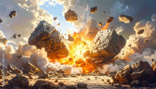 A dynamic digital painting captures a colossal explosion amidst billowing clouds and flying rock fragments. Intense light, vivid colors