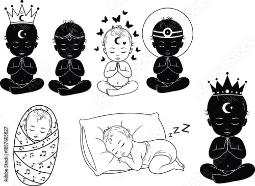 Meditation, baby, illustrations, spiritual, newborn, praying, cute, sleeping, angelic, celestial, cartoon, collection, lotus, peaceful, magic, crown, halo, swaddle, dreaming, artwork