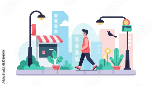 Man walking on a city street with buildings and streetlights.