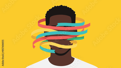 Mans face covered with colorful ribbons, representing confusion and mental health struggles.
