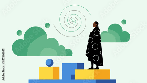 Person standing on a podium looking at a spiral in the sky.