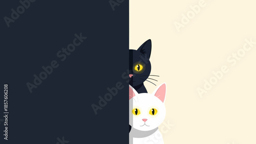 Two curious cats peeking from behind a partition.