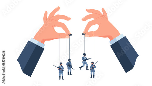 Two large hands manipulate small people like puppets, symbolizing control and manipulation.