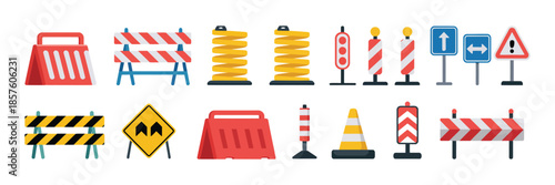 Traffic Road Repair Barriers Set, Safety Barricades and Roadblocks with Warning Signs, Construction Fences and Detour Alerts for City Street Repair Works