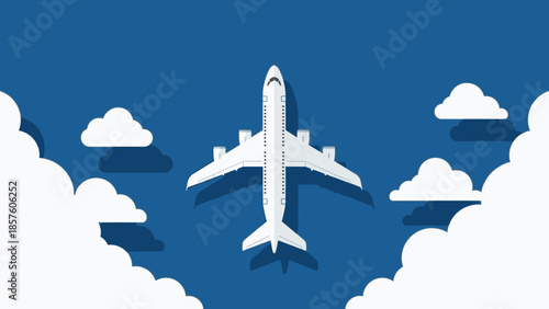 White passenger airplane flying high above the clouds in a blue sky.