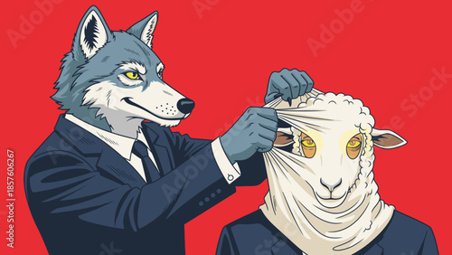 Wolf in sheeps clothing revealing true identity.