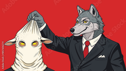 Wolf in a suit unmasking a sheep revealing its true identity.