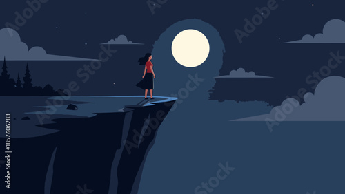 Woman standing on a cliff edge looking at the full moon at night.