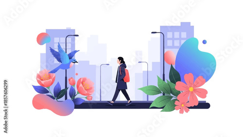 Woman walking in a vibrant city park with abstract floral elements.