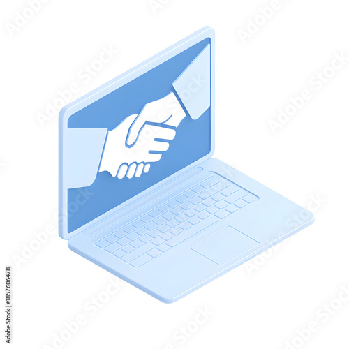 Light blue laptop with handshake icon isolated on transparent background