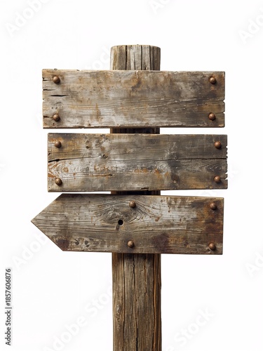 A rustic wooden signpost features multiple blank directional arrows isolated on white. The empty signs provide an ideal template for custom text and destinations.