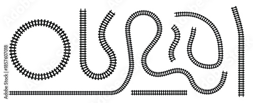 Railway tracks silhouette vector set, train line and rails icon collection isolated on white background, straight and curved railroad path for transportation and logistics design.