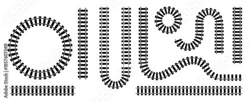 Railway tracks silhouette vector set, train line and rails icon collection isolated on white background, straight and curved railroad path for transportation and logistics design.