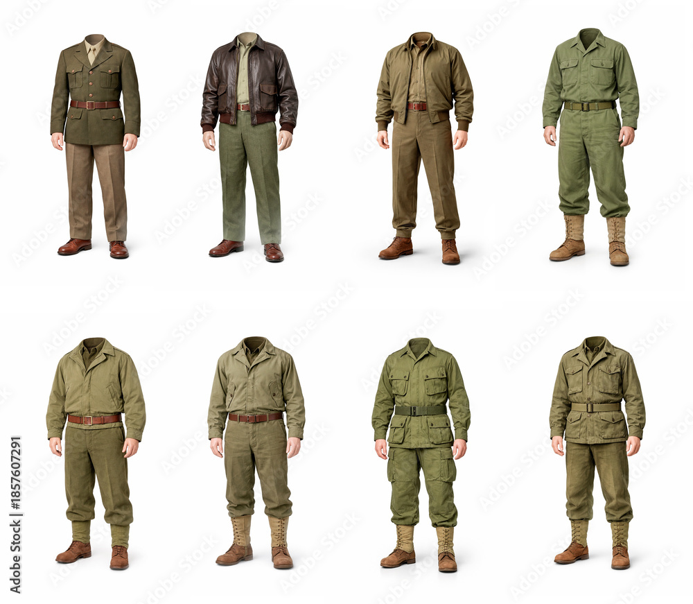 Fototapeta premium US Army 1940s WWII Uniform Set — 8 Isolated Outfits on White Background, Photorealistic illustration