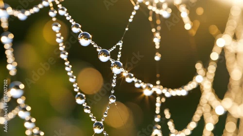 Close-up of a spider web with water droplets, sparkling in the sunlight.