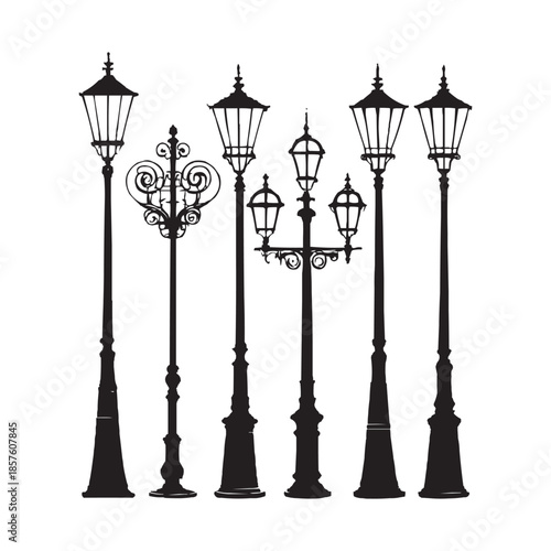 Vintage street lamp silhouettes on white background, Black vector silhouettes of various classic street lamps or lampposts, shown in a row against a clean white background