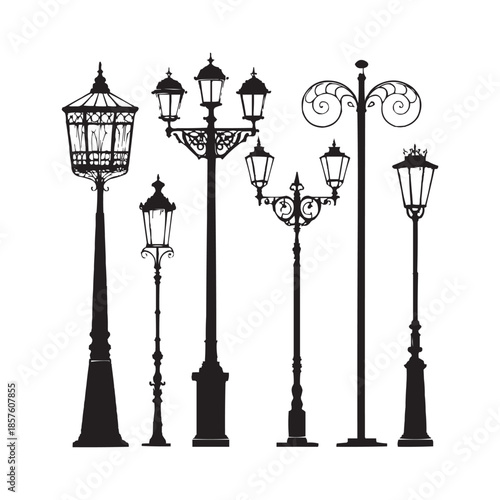 Vintage street lamp silhouettes on white background, Black vector silhouettes of various classic street lamps or lampposts, shown in a row against a clean white background