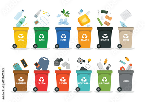 Trash Sorting in Garbage Cans, Recycling Waste Separation for Organic, Paper, Plastic, Glass, Metal, Batteries and Electronics, Environmental Collection Concept