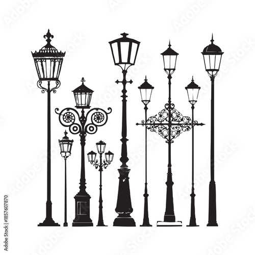 Vintage street lamp silhouettes on white background, Black vector silhouettes of various classic street lamps or lampposts, shown in a row against a clean white background