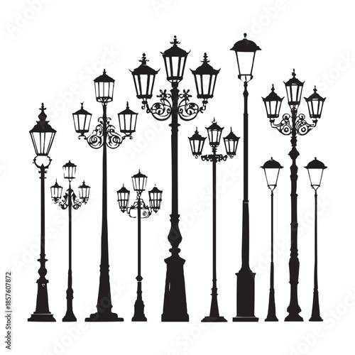 Vintage street lamp silhouettes on white background, Black vector silhouettes of various classic street lamps or lampposts, shown in a row against a clean white background