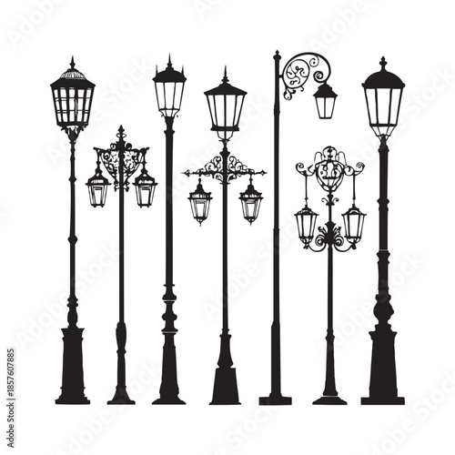 Vintage street lamp silhouettes on white background, Black vector silhouettes of various classic street lamps or lampposts, shown in a row against a clean white background